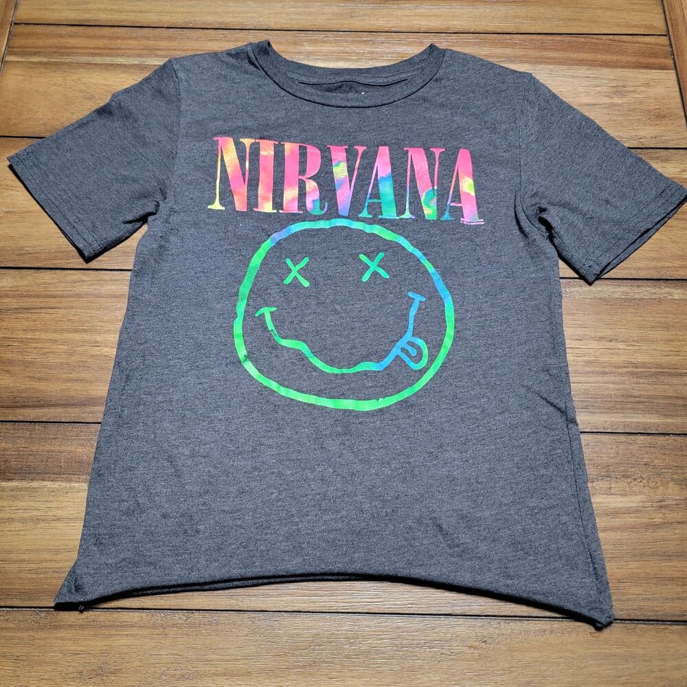 Nirvana Graphic SS Black Tee Red & Green Swirl Smile - Size XS